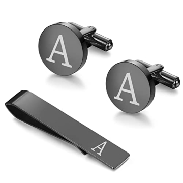 LOYALLOOK Black Initial A Cufflinks and Tie Clip Set for Men - Elegant Gift for Fathers and Husbands