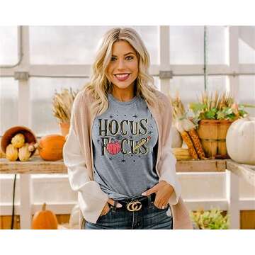 Hocus Pocus T-Shirt Funny Halloween Teacher Graphic Tee Shirt for Women Short Sleeve T Shirts Light Grey