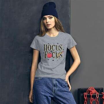 Hocus Pocus T-Shirt Funny Halloween Teacher Graphic Tee Shirt for Women Short Sleeve T Shirts Light Grey