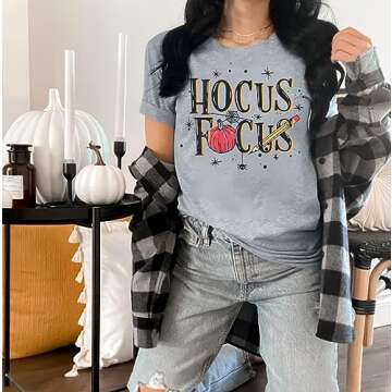 Hocus Pocus T-Shirt Funny Halloween Teacher Graphic Tee Shirt for Women Short Sleeve T Shirts Light Grey