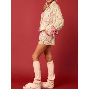 Argeousgor Women 2 Piece Pajamas Set Bow Tie Button Long Sleeve Shirts Ruffle Shorts Cute Pjs Sets Sleepwear L Green