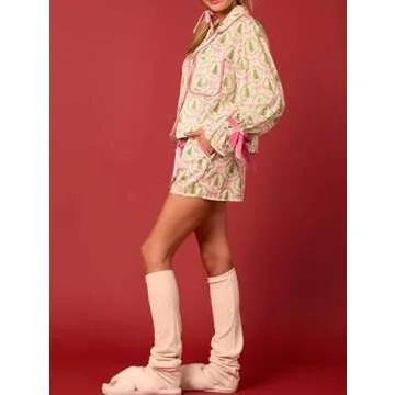 Argeousgor Women 2 Piece Pajamas Set Bow Tie Button Long Sleeve Shirts Ruffle Shorts Cute Pjs Sets Sleepwear L Green