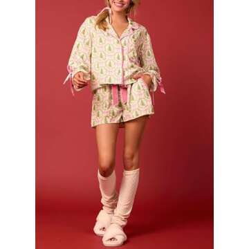 Argeousgor Women 2 Piece Pajamas Set Bow Tie Button Long Sleeve Shirts Ruffle Shorts Cute Pjs Sets Sleepwear L Green