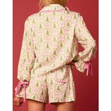 Argeousgor Women 2 Piece Pajamas Set Bow Tie Button Long Sleeve Shirts Ruffle Shorts Cute Pjs Sets Sleepwear L Green