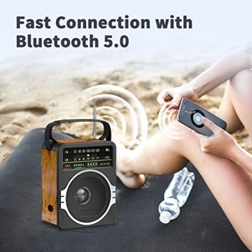 JEUJUG Portable AM/FM Radio with Bluetooth and Rechargeable Battery