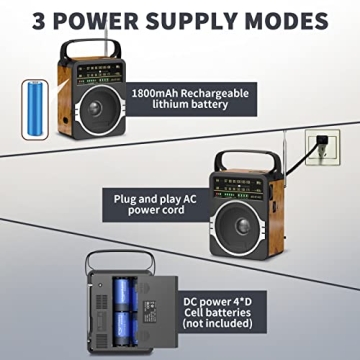 JEUJUG Portable AM/FM Radio with Bluetooth and Rechargeable Battery