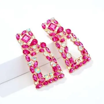 KELMALL Elegant Rhinestone Rectangle Dangle Earrings for Women - Sparkly Crystal Geometric Drop Statement Jewelry