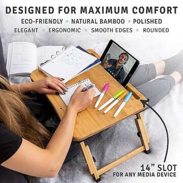 Foldable Laptop Bed Desk with Mouse Pad, Adjustable Folding Bamboo Tray Lap Stand Table for Work Breakfast College Students - Fits up to 17 Inch Laptops