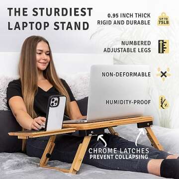 Foldable Laptop Bed Desk with Mouse Pad, Adjustable Folding Bamboo Tray Lap Stand Table for Work Breakfast College Students - Fits up to 17 Inch Laptops