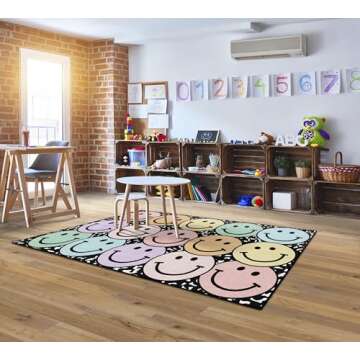 Flagship Carpets Schoolgirl Style Pastel Rainbow Smileys on Notebook Educational Area Rug for Kids R...