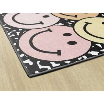 Flagship Carpets Schoolgirl Style Pastel Rainbow Smileys on Notebook Educational Area Rug for Kids Room Seating Décor, Children's Classroom, Play Carpet for Teaching and Playroom, 5' x 7'6", Multi