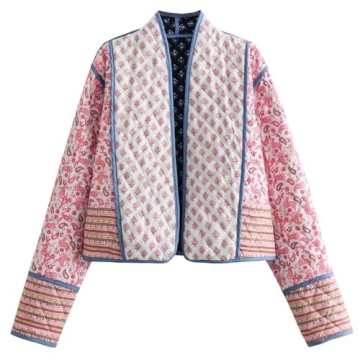 Yimoon Women's Cropped Puffer Jacket - Reversible Floral Style