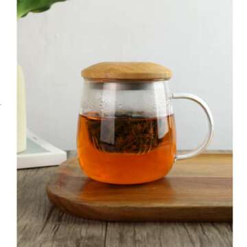 Glass Tea Cup with Infuser and Bamboo Lid, 13.5oz Heat Resistance Borosilicate Glass Tea Mug with Strainer Clear Teacup for Loose Leaf Tea, Blooming Tea, Tea Bag, Ideal for Tea Lovers…