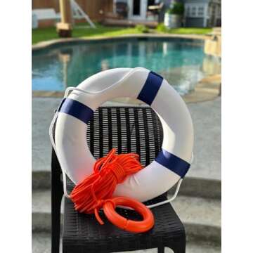 Lifebuoy Set 20Inch Life Preserver Ring and Water Floating Lifesaving Rope 98.7FT,Swim Foam Buoy,Swimming Pool Safety Throwing Ring with Perimeter Rope,Throwable Flotation Device