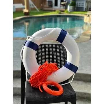 Lifebuoy Set 20Inch Life Preserver Ring and Water Floating Lifesaving Rope 98.7FT,Swim Foam Buoy,Swimming Pool Safety Throwing Ring with Perimeter Rope,Throwable Flotation Device