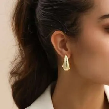 Fissen Teardrop Earrings for Women, 32mm Lightweight Gold Drop Earrings for Women, Hypoallergenic Chunky Gold Hoop Earrings with 925 Sterling Silver Post, Dupes Jewelry for Women