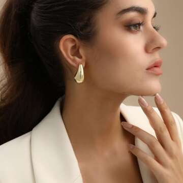 Fissen Teardrop Earrings for Women, 32mm Lightweight Gold Drop Earrings for Women, Hypoallergenic Chunky Gold Hoop Earrings with 925 Sterling Silver Post, Dupes Jewelry for Women