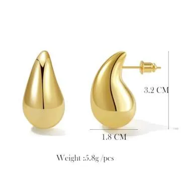 Fissen Teardrop Earrings for Women, 32mm Lightweight Gold Drop Earrings for Women, Hypoallergenic Chunky Gold Hoop Earrings with 925 Sterling Silver Post, Dupes Jewelry for Women