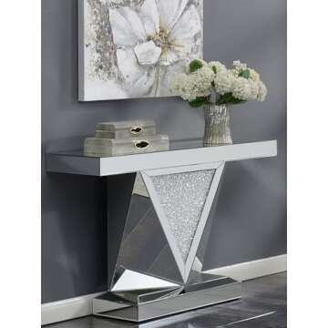 Coaster Home Furnishings Gunilla Rectangular Sofa Table with Triangle Detailing Silver and Clear Mir...