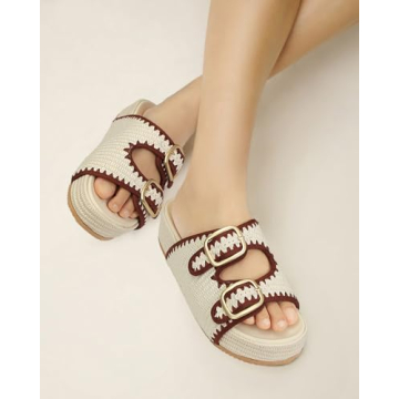 MICIFA Raffia Platform Sandals for Women, Wedges Summer Beach Sandals Comfortable Cute Woven Straw Crochet Sandals Shoes Casual Adjustable Buckle Strap Shoes