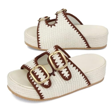 MICIFA Raffia Platform Sandals for Women, Wedges Summer Beach Sandals Comfortable Cute Woven Straw Crochet Sandals Shoes Casual Adjustable Buckle Strap Shoes