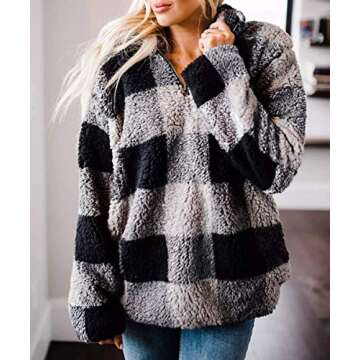 ZESICA Women's Plaid Long Sleeve Zipper Fleece Pullover - Grey, Large