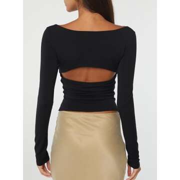 CSDAJIO Women's Sexy Ruched Deep V Neck Long Sleeve Low Cut Top Slim Fitted T Shirt Open Back Tee Fall Going Out Shirts Black Small