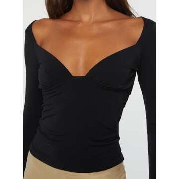 CSDAJIO Women's Sexy Ruched Deep V Neck Long Sleeve Low Cut Top Slim Fitted T Shirt Open Back Tee Fall Going Out Shirts Black Small