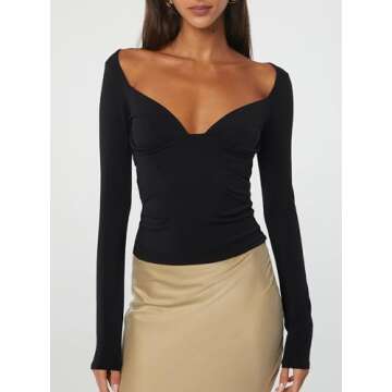 CSDAJIO Women's Sexy Ruched Deep V Neck Long Sleeve Low Cut Top Slim Fitted T Shirt Open Back Tee Fall Going Out Shirts Black Small