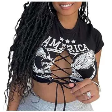 Remidoo Women's Sexy Lace Up Crop Top Short Sleeve Cropped T Shirt Cutout Graphic Tee Black Medium