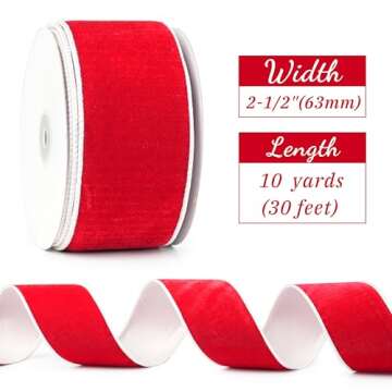 MAYREEL 2.5 Inch Two-Tone Red and White Reversible French Velvet Wired Edge Ribbon for Christmas Tree Gift Wrapping Decorations Double Faced Design 10 Yards
