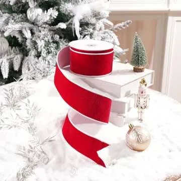 MAYREEL 2.5 Inch Two-Tone Red and White Reversible French Velvet Wired Edge Ribbon for Christmas Tree Gift Wrapping Decorations Double Faced Design 10 Yards