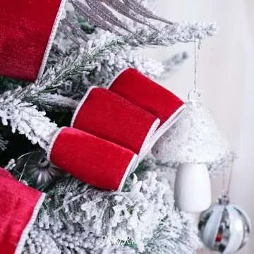 MAYREEL 2.5 Inch Two-Tone Red and White Reversible French Velvet Wired Edge Ribbon for Christmas Tree Gift Wrapping Decorations Double Faced Design 10 Yards
