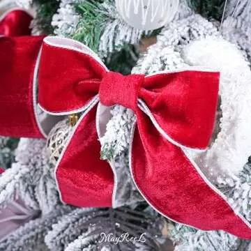 MAYREEL 2.5 Inch Two-Tone Red and White Reversible French Velvet Wired Edge Ribbon for Christmas Tree Gift Wrapping Decorations Double Faced Design 10 Yards