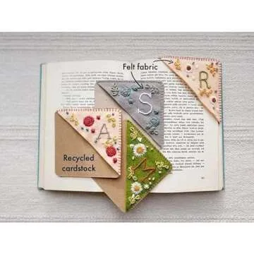 MOTEERLLU Personalized Hand Embroidered Corner Bookmark,Felt Triangle Page Stitched Handmade Bookmark,Unique Cute Flower Letter Embroidery Bookmarks Accessories for Book Lovers