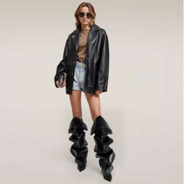 Lunhonk Black Knee High Boots Stiletto Heel Shark Boots Pointed Toe Slouchy Boots Thigh High Boots with Detachable Snap-off Panel Back Zipper