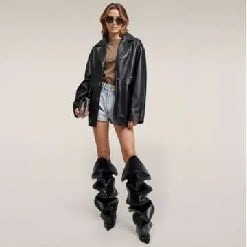 Lunhonk Black Knee High Boots Stiletto Heel Shark Boots Pointed Toe Slouchy Boots Thigh High Boots with Detachable Snap-off Panel Back Zipper