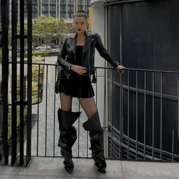 Lunhonk Black Knee High Boots Stiletto Heel Shark Boots Pointed Toe Slouchy Boots Thigh High Boots with Detachable Snap-off Panel Back Zipper