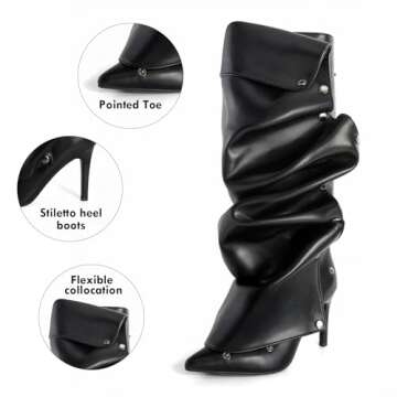 Lunhonk Black Knee High Boots Stiletto Heel Shark Boots Pointed Toe Slouchy Boots Thigh High Boots with Detachable Snap-off Panel Back Zipper