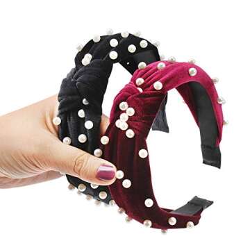 Pearl headbands for Women, 6 Pack Knot Velvet Headbands, Black Red Headbands with Pearl, Fashion Hair Bands Accessories