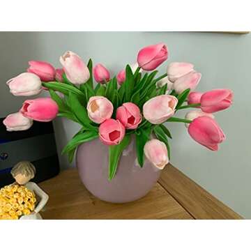 Kisflower 30Pcs Latex Tulips Real Touch Pink Artificial Flowers Fake Tulips Arrangement Bouquet for Home Office Wedding Decor (Pink)