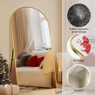 Furnbar Full Length Mirror,76"x34" Arched Full Body Mirror,Floor Mirror with Stand,Body Mirror Standing Hanging Leaning Against Wall,Aluminum Frame Large Mirror for Bedroom Cloakroom,Living Room,Gold