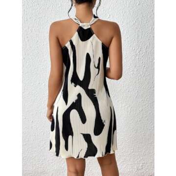 LIGHT DOT Women's Summer Dress Printed Halter Neck Pleated Mini Casual Sundress Party Date (Black, X...