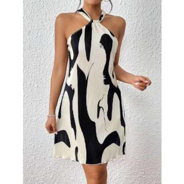 LIGHT DOT Women's Summer Dress Printed Halter Neck Pleated Mini Casual Sundress Party Date (Black, XS)