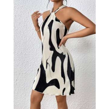 LIGHT DOT Women's Summer Dress Printed Halter Neck Pleated Mini Casual Sundress Party Date (Black, XS)