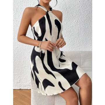 LIGHT DOT Women's Summer Dress Printed Halter Neck Pleated Mini Casual Sundress Party Date (Black, XS)