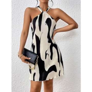LIGHT DOT Women's Summer Dress Printed Halter Neck Pleated Mini Casual Sundress Party Date (Black, XS)