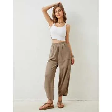 Springrain Womens Baggy Wide Leg Pants Cotton Elastic Waisted Loose Palazzo Harem Pants with Pockets(Khaki-L)