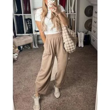 Springrain Womens Baggy Wide Leg Pants Cotton Elastic Waisted Loose Palazzo Harem Pants with Pockets(Khaki-L)