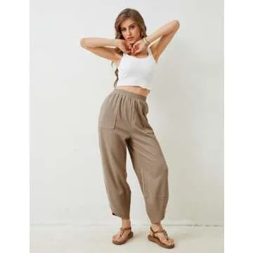 Springrain Womens Baggy Wide Leg Pants Cotton Elastic Waisted Loose Palazzo Harem Pants with Pockets(Khaki-L)